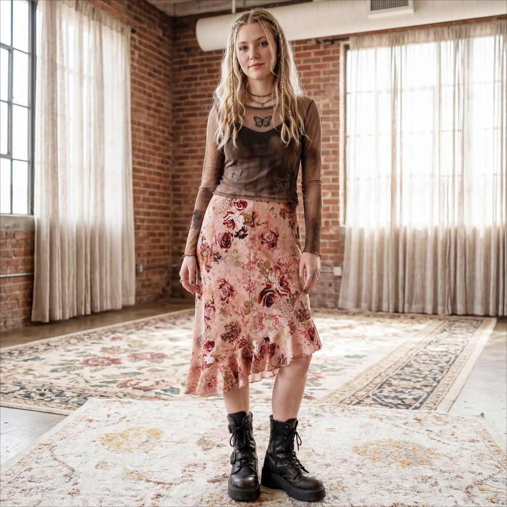 Vintage Y2K 90s Grunge Ruffle Midi Skirt Pink Rose Asymmetrical M Romantic fairy